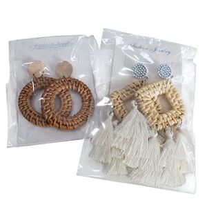 NEW Set of 2 Beautiful Earth Tone Woven Wicker Dangle Drop Earrings
